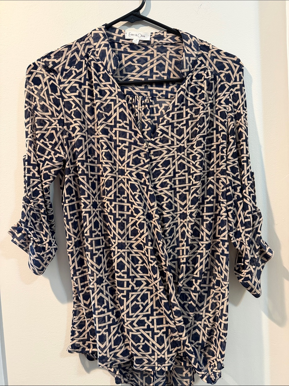 Eden & Olivia Navy and White Geometric Wrap-Style Blouse